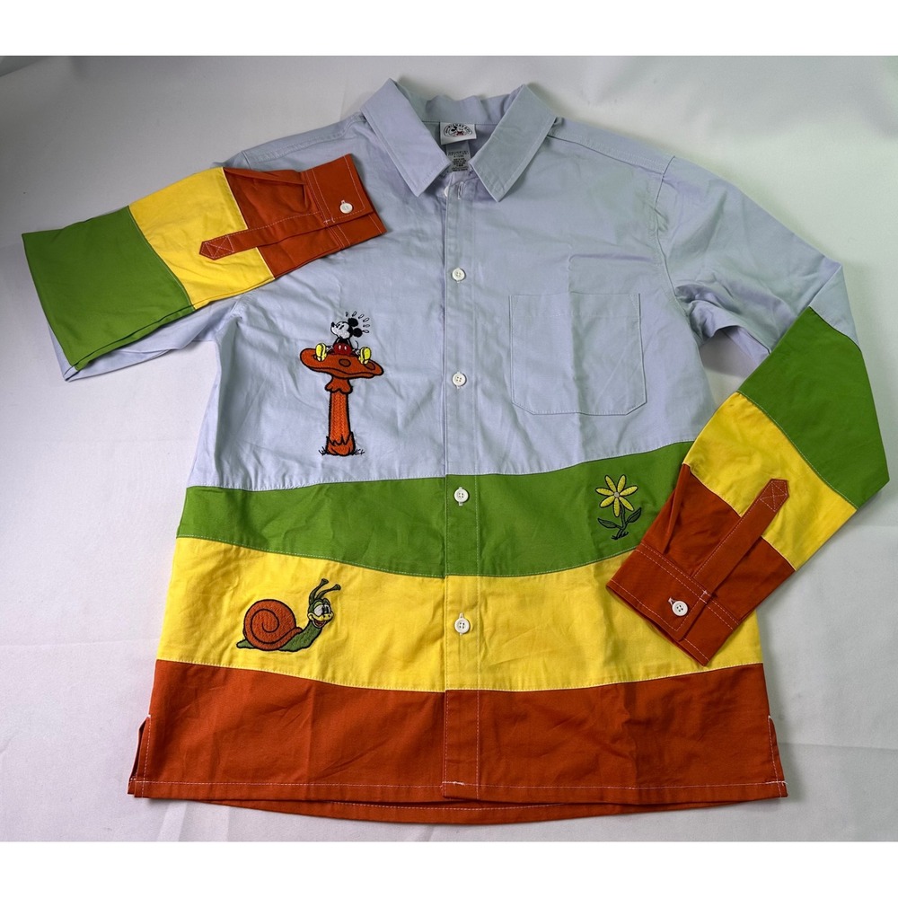 Vintage Disney Mickey & Co Colorblock Shirt Sz S Embroidered Mushroom Goofy Frog
